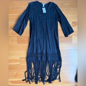 NEW Black LINEN BLEND Fringe Hem V-Neck Dress / Cover-Up